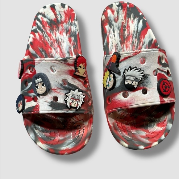 Crocs Classic Marbled Slides Naruto Charms Red Black White Unisex M7 W9